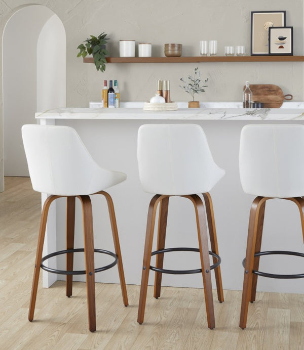 English Elm 30 Inch Swivel Barstools Set of 2 with Walnut Bentwood Legs and White PU Leather Seats B202S02278