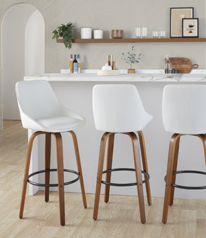 English Elm 30 Inch Swivel Barstools Set of 2 with Walnut Bentwood Legs and White PU Leather Seats B202S02278