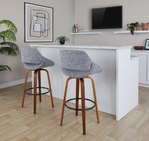 English Elm 30 Inch Mid-Century Swivel Barstools Walnut Legs Grey Fabric Upholstered Set of 2 Black B202S02279