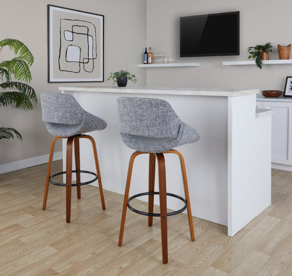 English Elm 30 Inch Mid-Century Swivel Barstools Walnut Legs Grey Fabric Upholstered Set of 2 Black B202S02279