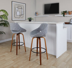 English Elm 30 Inch Mid-Century Swivel Barstools Walnut Legs Grey Fabric Upholstered Set of 2 Black B202S02279