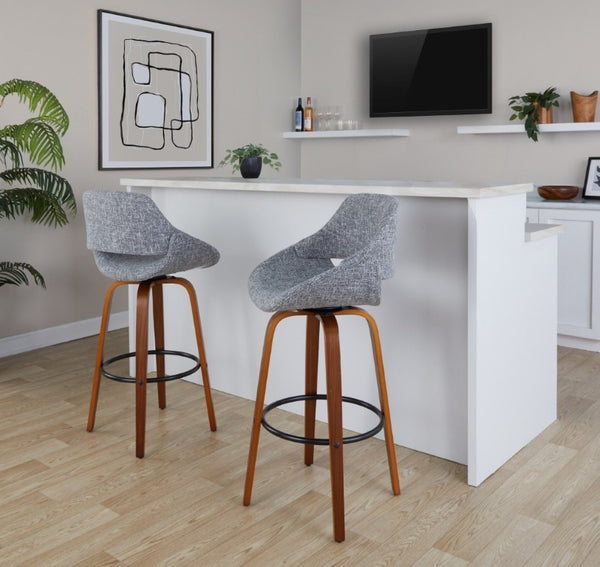 English Elm 30 Inch Mid-Century Swivel Barstools Walnut Legs Grey Fabric Upholstered Set of 2 Black B202S02279