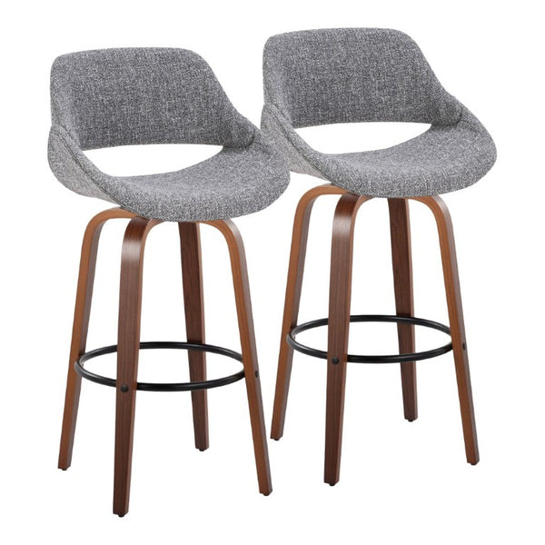 English Elm 30 Inch Mid-Century Swivel Barstools Walnut Legs Grey Fabric Upholstered Set of 2 Black B202S02279