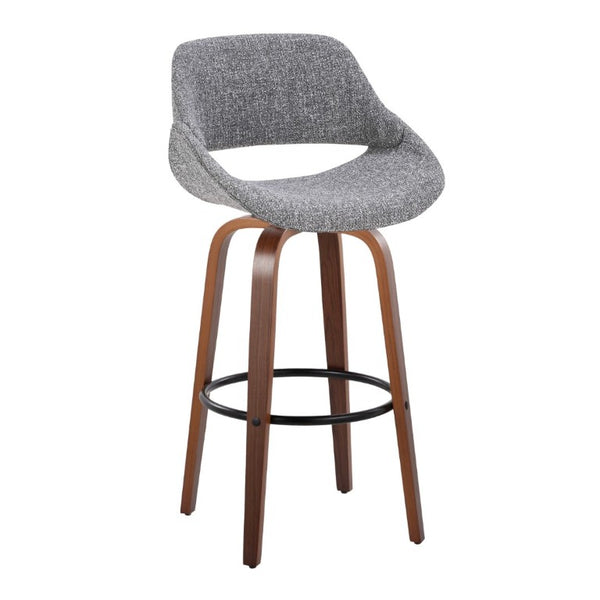 English Elm 30 Inch Mid-Century Swivel Barstools Walnut Legs Grey Fabric Upholstered Set of 2 Black B202S02279