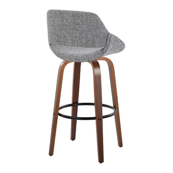 English Elm 30 Inch Mid-Century Swivel Barstools Walnut Legs Grey Fabric Upholstered Set of 2 Black B202S02279