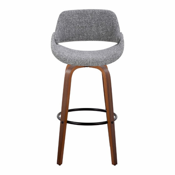 English Elm 30 Inch Mid-Century Swivel Barstools Walnut Legs Grey Fabric Upholstered Set of 2 Black B202S02279