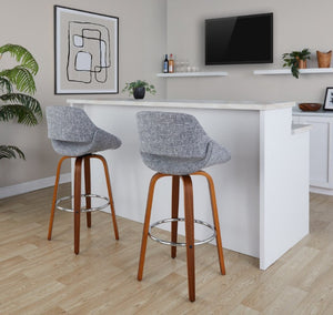 English Elm 30 Inch Mid-Century Swivel Barstools Walnut Legs Grey Fabric Upholstered Set of 2 Chrome B202S02280
