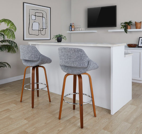 English Elm 30 Inch Mid-Century Swivel Barstools Walnut Legs Grey Fabric Upholstered Set of 2 Chrome B202S02280