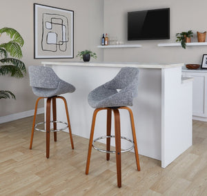 English Elm 30 Inch Mid-Century Swivel Barstools Walnut Legs Grey Fabric Upholstered Set of 2 Chrome B202S02280