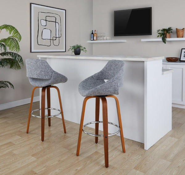 English Elm 30 Inch Mid-Century Swivel Barstools Walnut Legs Grey Fabric Upholstered Set of 2 Chrome B202S02280