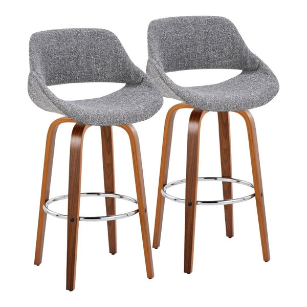 English Elm 30 Inch Mid-Century Swivel Barstools Walnut Legs Grey Fabric Upholstered Set of 2 Chrome B202S02280
