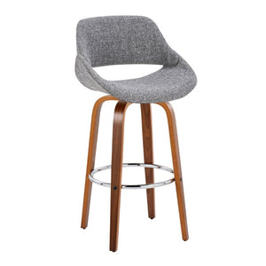 English Elm 30 Inch Mid-Century Swivel Barstools Walnut Legs Grey Fabric Upholstered Set of 2 Chrome B202S02280