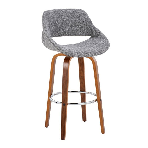 English Elm 30 Inch Mid-Century Swivel Barstools Walnut Legs Grey Fabric Upholstered Set of 2 Chrome B202S02280