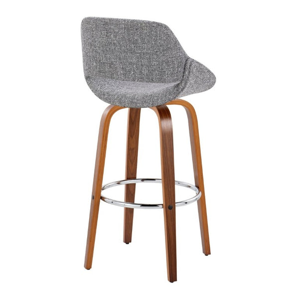 English Elm 30 Inch Mid-Century Swivel Barstools Walnut Legs Grey Fabric Upholstered Set of 2 Chrome B202S02280