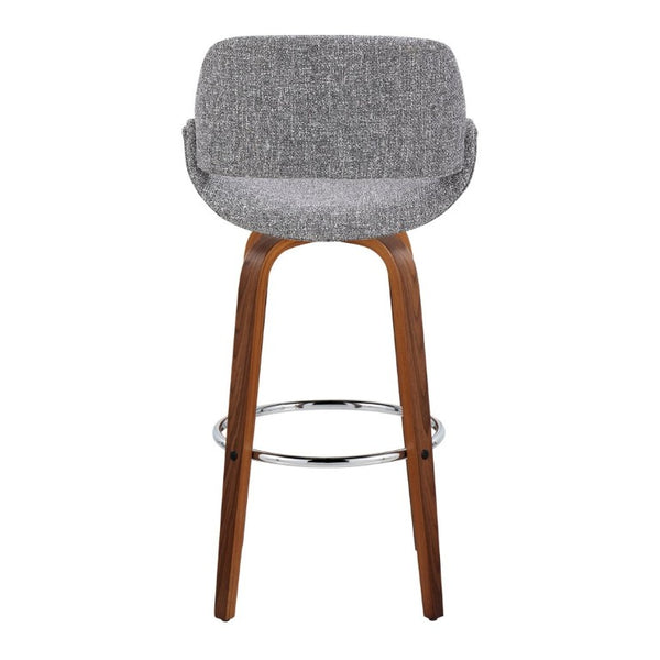 English Elm 30 Inch Mid-Century Swivel Barstools Walnut Legs Grey Fabric Upholstered Set of 2 Chrome B202S02280