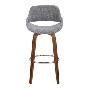 English Elm 30 Inch Mid-Century Swivel Barstools Walnut Legs Grey Fabric Upholstered Set of 2 Chrome B202S02280