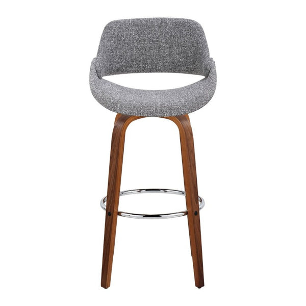 English Elm 30 Inch Mid-Century Swivel Barstools Walnut Legs Grey Fabric Upholstered Set of 2 Chrome B202S02280