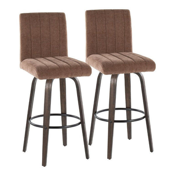 English Elm 30 Inch Swivel Barstools Set of 2 Bent Wood Frame Fabric Seat Black Metal Footrest Brown Walnut Glazed B202S02282