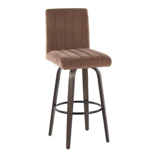 English Elm 30 Inch Swivel Barstools Set of 2 Bent Wood Frame Fabric Seat Black Metal Footrest Brown Walnut Glazed B202S02282