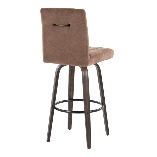English Elm 30 Inch Swivel Barstools Set of 2 Bent Wood Frame Fabric Seat Black Metal Footrest Brown Walnut Glazed B202S02282