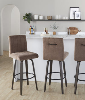 English Elm 30 Inch Swivel Barstools Set of 2 Bent Wood Frame Fabric Seat Black Metal Footrest Brown Walnut Glazed B202S02282