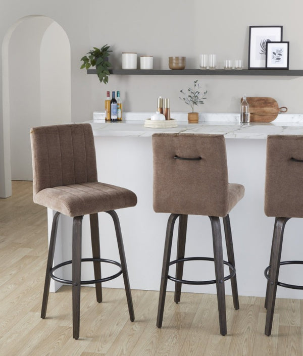 English Elm 30 Inch Swivel Barstools Set of 2 Bent Wood Frame Fabric Seat Black Metal Footrest Brown Walnut Glazed B202S02282