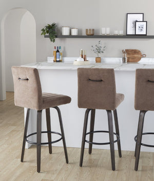 English Elm 30 Inch Swivel Barstools Set of 2 Bent Wood Frame Fabric Seat Black Metal Footrest Brown Walnut Glazed B202S02282
