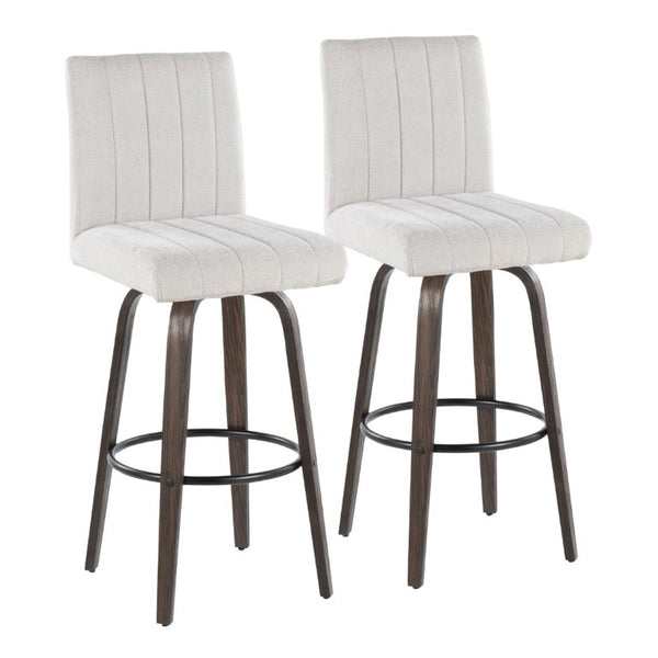 English Elm 30 Inch Swivel Barstools Set of 2 Bent Wood Frame Fabric Seat Black Metal Footrest Gray Walnut Glazed B202S02283