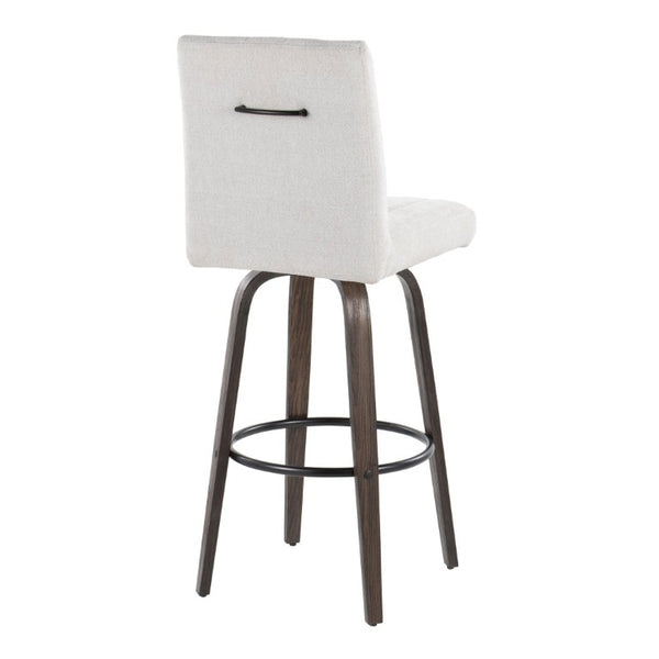English Elm 30 Inch Swivel Barstools Set of 2 Bent Wood Frame Fabric Seat Black Metal Footrest Gray Walnut Glazed B202S02283