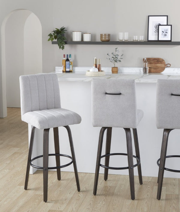 English Elm 30 Inch Swivel Barstools Set of 2 Bent Wood Frame Fabric Seat Black Metal Footrest Gray Walnut Glazed B202S02283