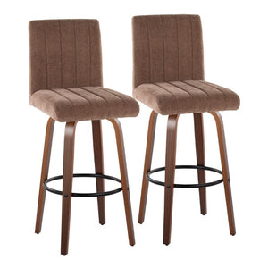 English Elm 30 Inch Swivel Barstools Set of 2 Bent Wood Frame Fabric Seat Black Metal Footrest Brown Walnut B202S02284