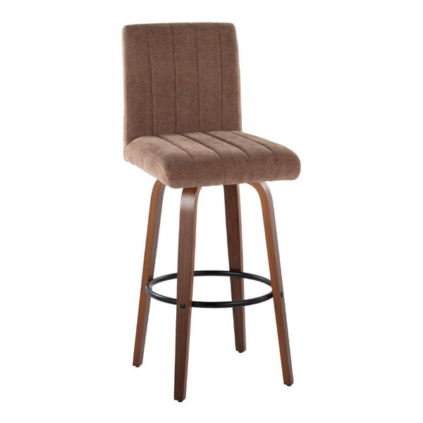 English Elm 30 Inch Swivel Barstools Set of 2 Bent Wood Frame Fabric Seat Black Metal Footrest Brown Walnut B202S02284