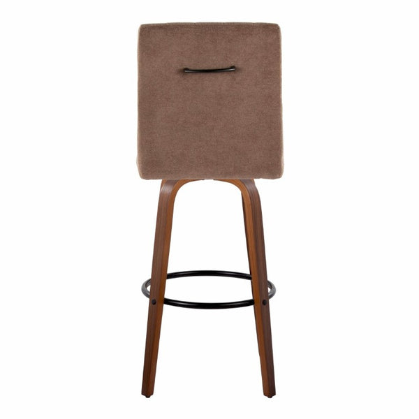 English Elm 30 Inch Swivel Barstools Set of 2 Bent Wood Frame Fabric Seat Black Metal Footrest Brown Walnut B202S02284