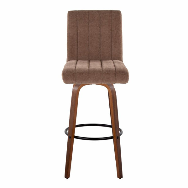 English Elm 30 Inch Swivel Barstools Set of 2 Bent Wood Frame Fabric Seat Black Metal Footrest Brown Walnut B202S02284