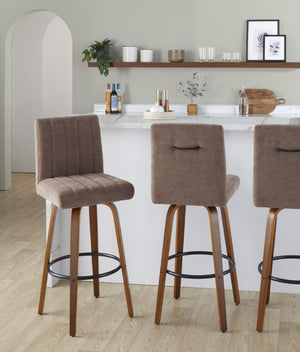 English Elm 30 Inch Swivel Barstools Set of 2 Bent Wood Frame Fabric Seat Black Metal Footrest Brown Walnut B202S02284
