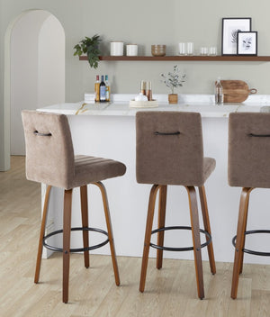 English Elm 30 Inch Swivel Barstools Set of 2 Bent Wood Frame Fabric Seat Black Metal Footrest Brown Walnut B202S02284