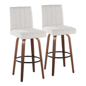 English Elm 30 Inch Swivel Barstools Set of 2 Bent Wood Frame Fabric Seat Black Metal Footrest Gray Walnut B202S02285