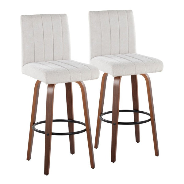 English Elm 30 Inch Swivel Barstools Set of 2 Bent Wood Frame Fabric Seat Black Metal Footrest Gray Walnut B202S02285