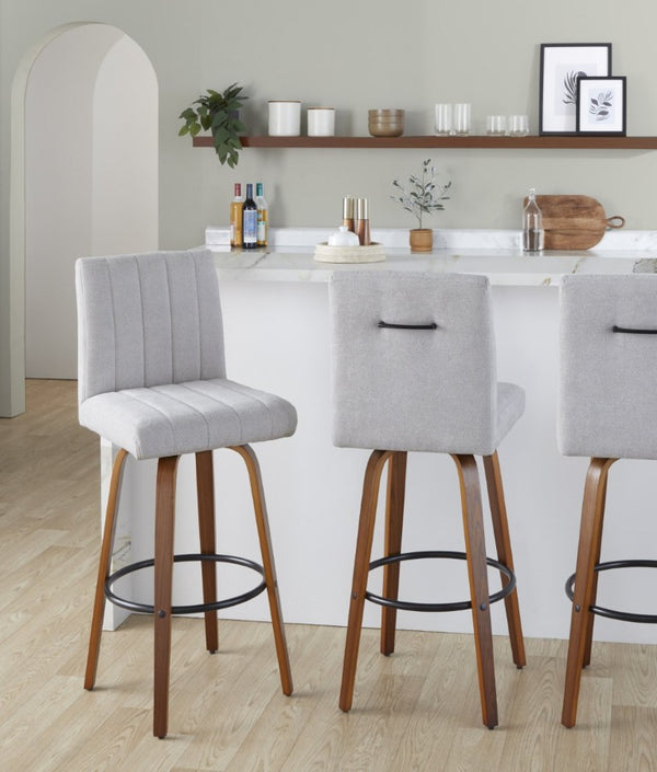 English Elm 30 Inch Swivel Barstools Set of 2 Bent Wood Frame Fabric Seat Black Metal Footrest Gray Walnut B202S02285