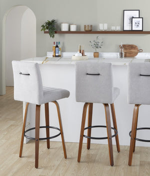 English Elm 30 Inch Swivel Barstools Set of 2 Bent Wood Frame Fabric Seat Black Metal Footrest Gray Walnut B202S02285