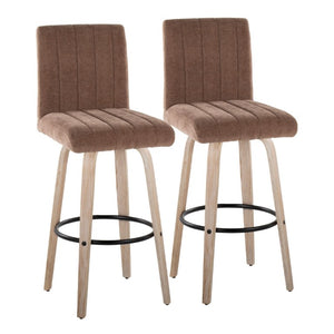 English Elm 30 Inch Swivel Barstools Set of 2 Bent Wood Frame Fabric Seat Black Metal Footrest Brown Whitewashed B202S02286