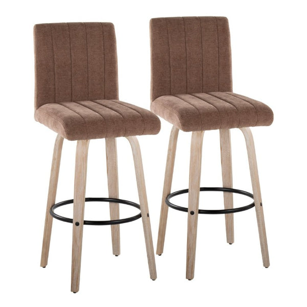 English Elm 30 Inch Swivel Barstools Set of 2 Bent Wood Frame Fabric Seat Black Metal Footrest Brown Whitewashed B202S02286