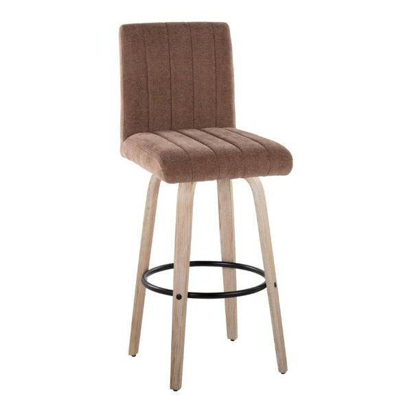 English Elm 30 Inch Swivel Barstools Set of 2 Bent Wood Frame Fabric Seat Black Metal Footrest Brown Whitewashed B202S02286
