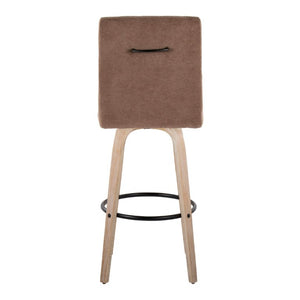 English Elm 30 Inch Swivel Barstools Set of 2 Bent Wood Frame Fabric Seat Black Metal Footrest Brown Whitewashed B202S02286