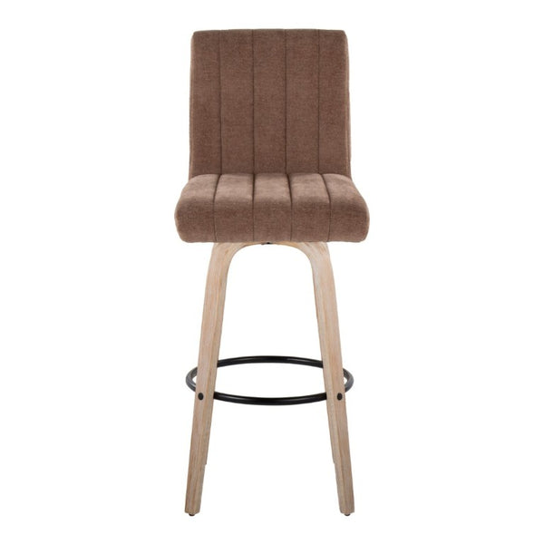 English Elm 30 Inch Swivel Barstools Set of 2 Bent Wood Frame Fabric Seat Black Metal Footrest Brown Whitewashed B202S02286