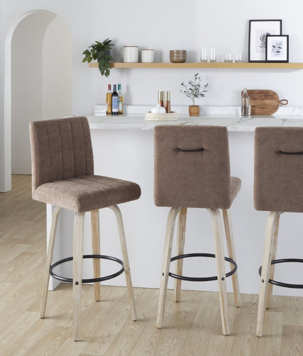 English Elm 30 Inch Swivel Barstools Set of 2 Bent Wood Frame Fabric Seat Black Metal Footrest Brown Whitewashed B202S02286