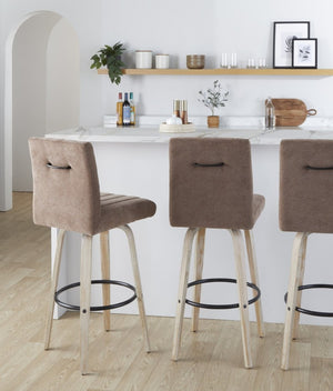 English Elm 30 Inch Swivel Barstools Set of 2 Bent Wood Frame Fabric Seat Black Metal Footrest Brown Whitewashed B202S02286