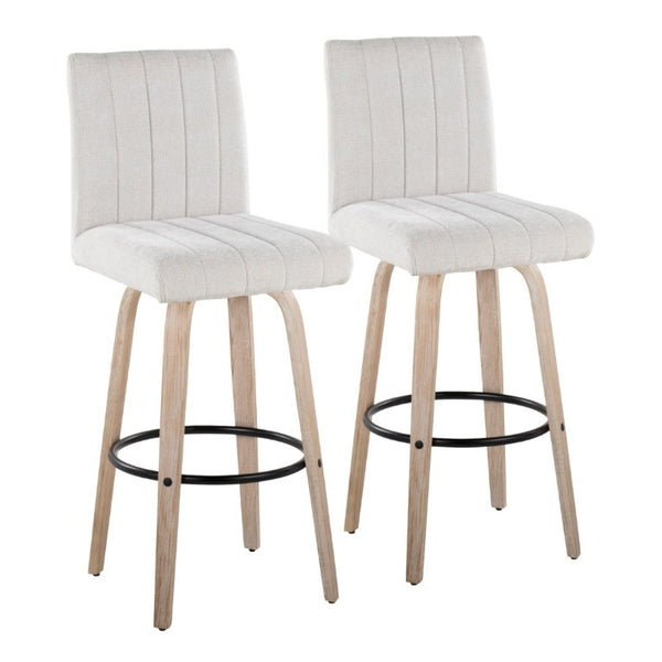 English Elm 30 Inch Swivel Barstools Set of 2 Bent Wood Frame Fabric Seat Black Metal Footrest Gray Whitewashed B202S02287
