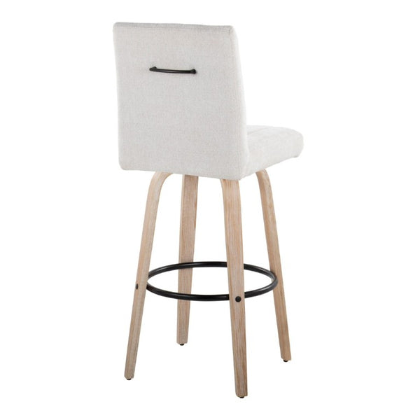 English Elm 30 Inch Swivel Barstools Set of 2 Bent Wood Frame Fabric Seat Black Metal Footrest Gray Whitewashed B202S02287