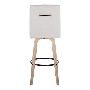 English Elm 30 Inch Swivel Barstools Set of 2 Bent Wood Frame Fabric Seat Black Metal Footrest Gray Whitewashed B202S02287